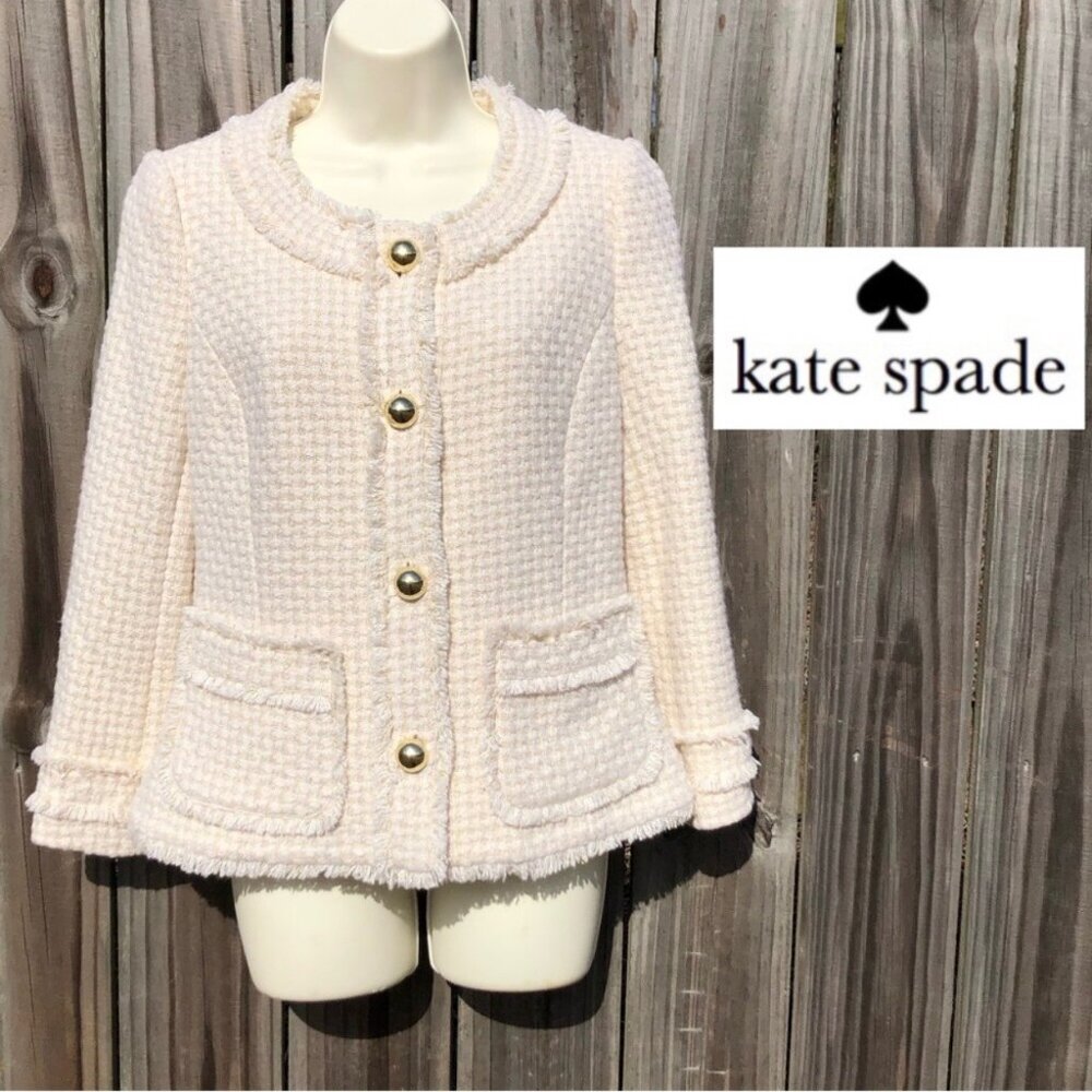 Kate Spade 6 Wool Silk Metallic Blazer Jacket Coat Top Cream White Button Gold